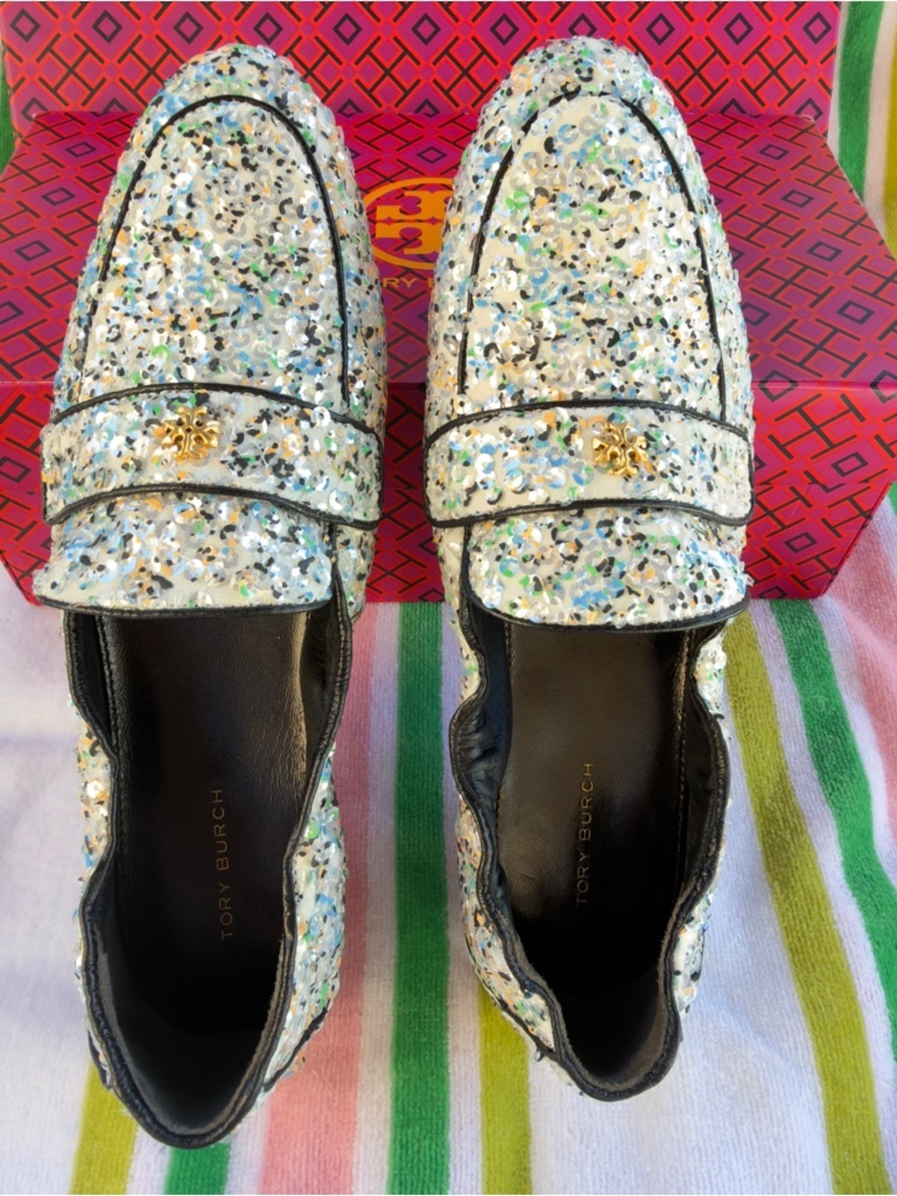 Tory Burch Ballet Mirror Sequin Navy Leather Trim Loafers US 8.5 Box NEW - Picture 7 of 14